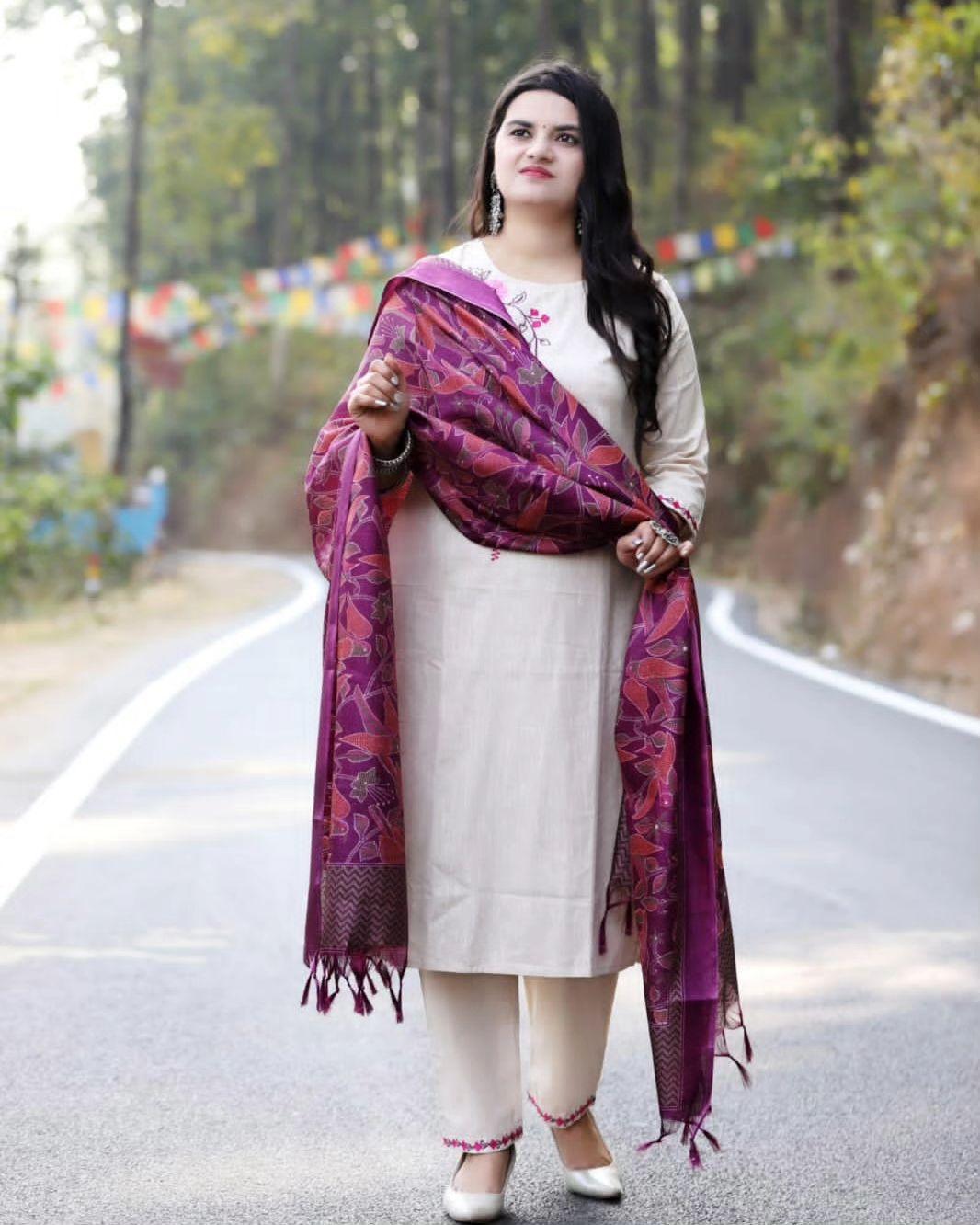 Off White Embroidered Cotton Suit Set with Khadi Silk Dupatta