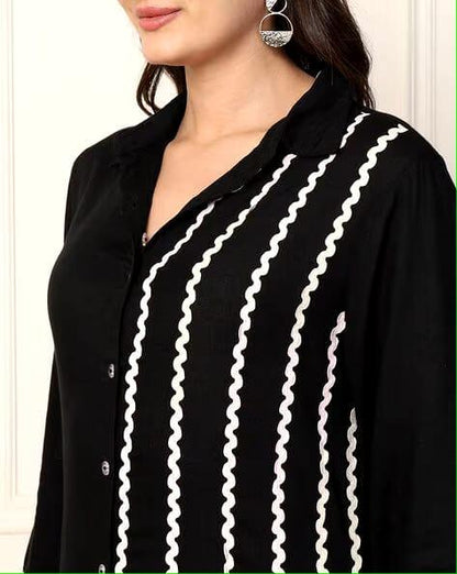 Black Embroidered Rayon A-line Midi Dress