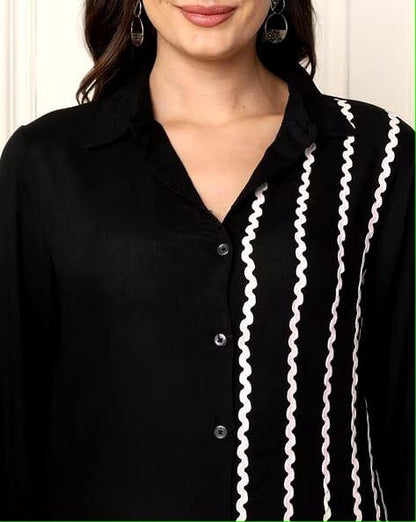 Black Embroidered Rayon A-line Midi Dress
