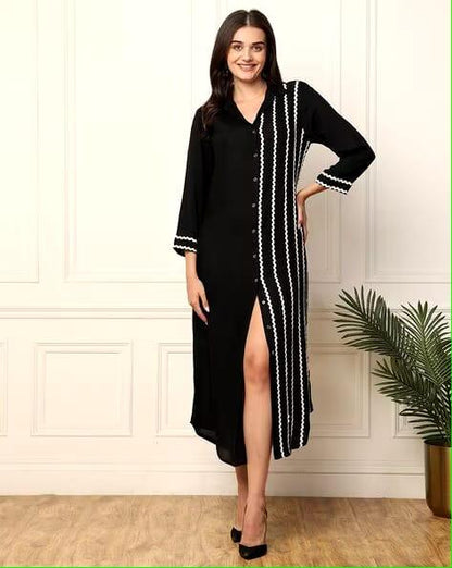 Black Embroidered Rayon A-line Midi Dress