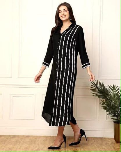 Black Embroidered Rayon A-line Midi Dress