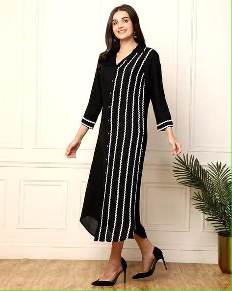 Black Embroidered Rayon A-line Midi Dress