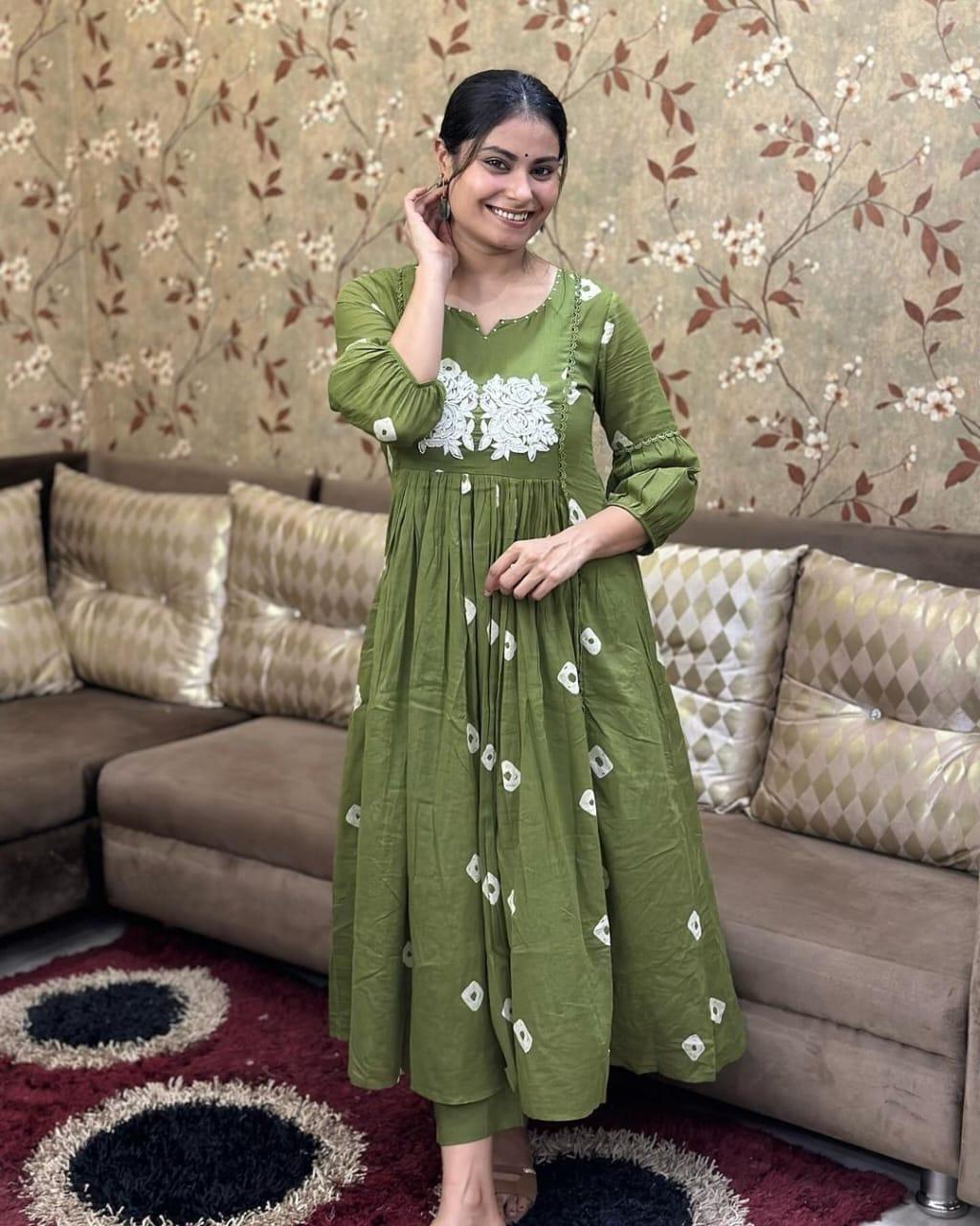 Green Embroidered Cotton Anarkali Kurta and Pant Set