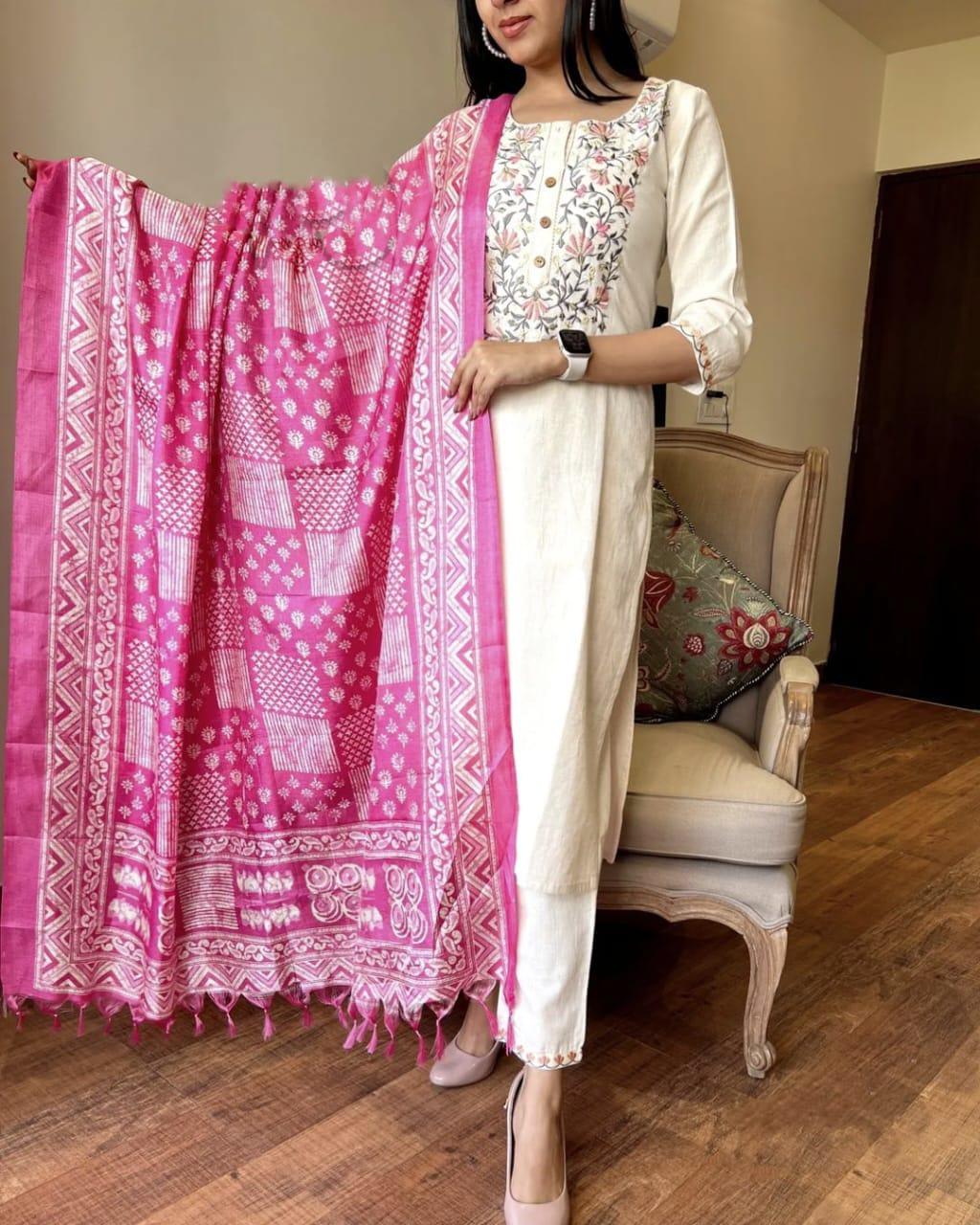 Off White Embroidered Khadi Cotton Suit Set with Dupatta