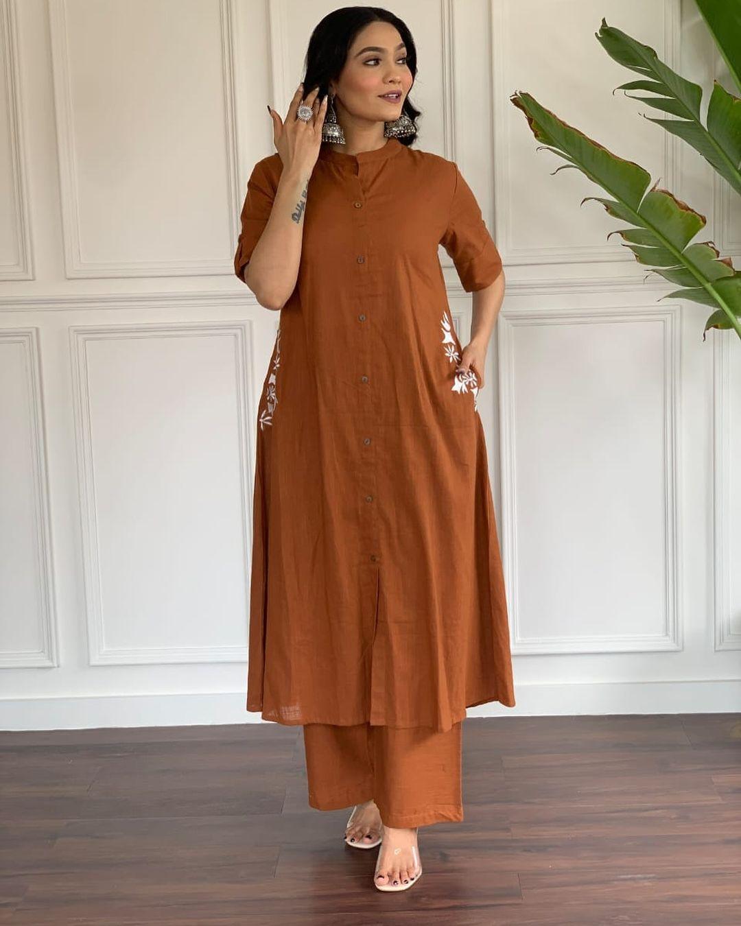 Brown Rust Embroidered Cotton Kurta and Palazzo Set