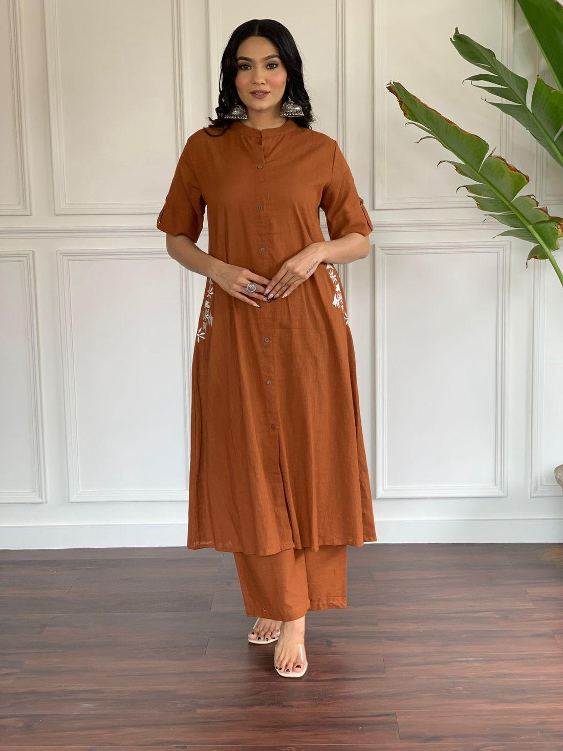 Brown Rust Embroidered Cotton Kurta and Palazzo Set