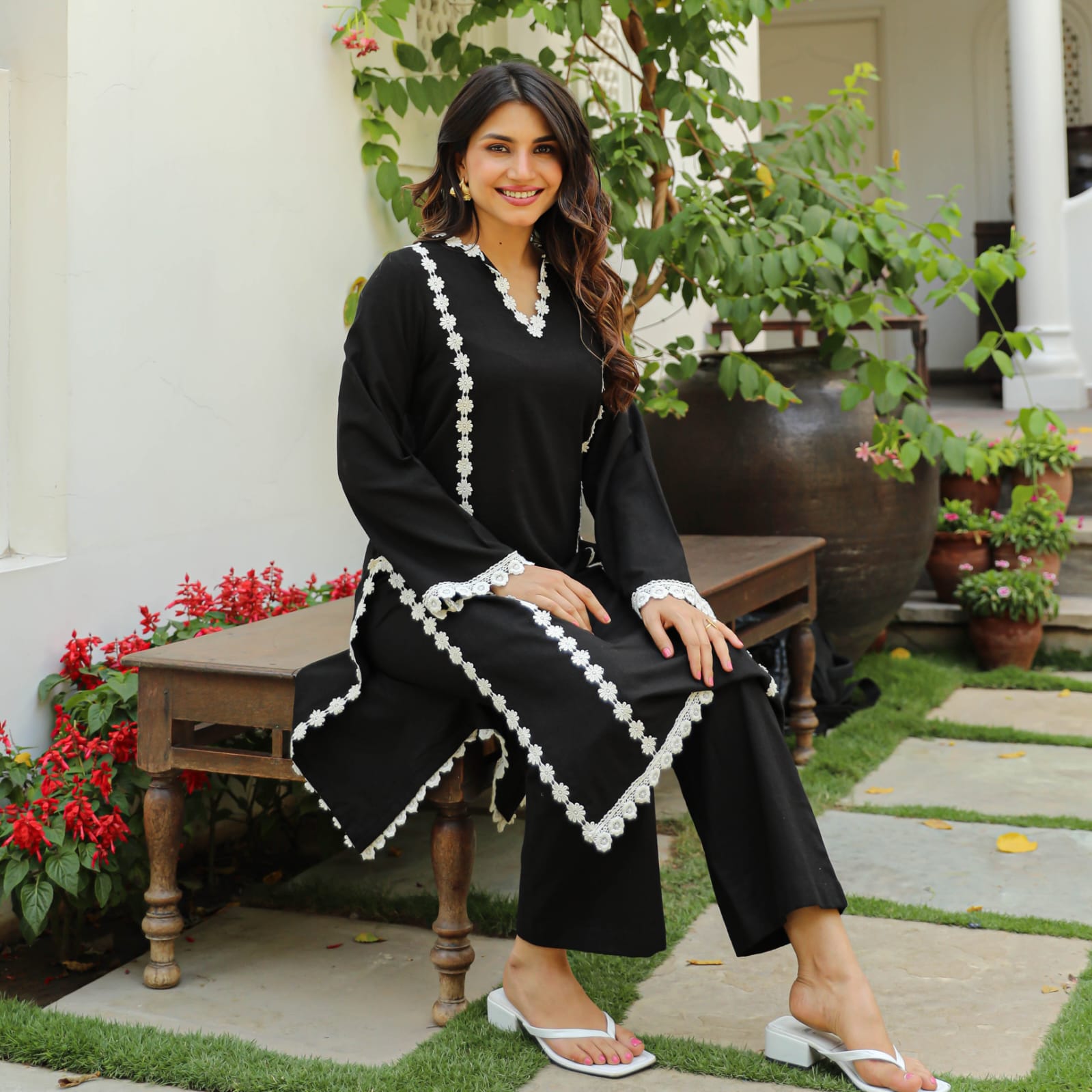 Black Lace Work Rayon Kurta and Pant Set