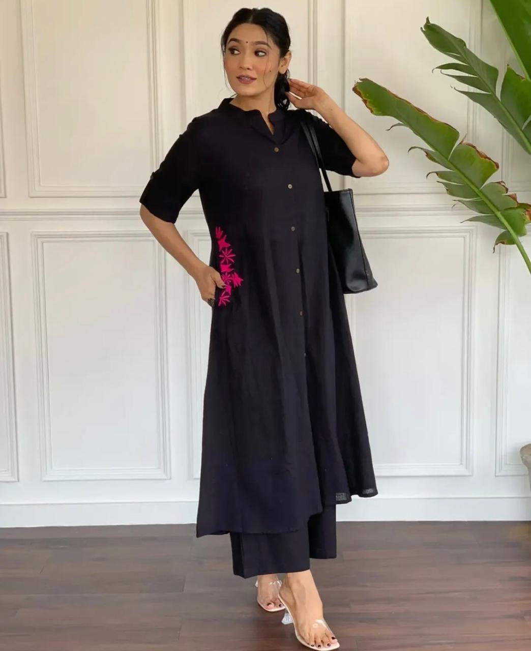 Black Embroidered Cotton Kurta and Palazzo Set