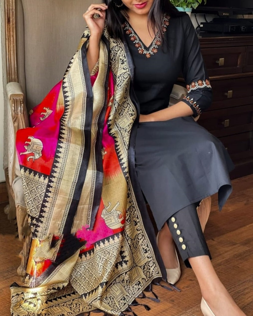 Midnight Black Embroidered Kurta Set with Dupatta