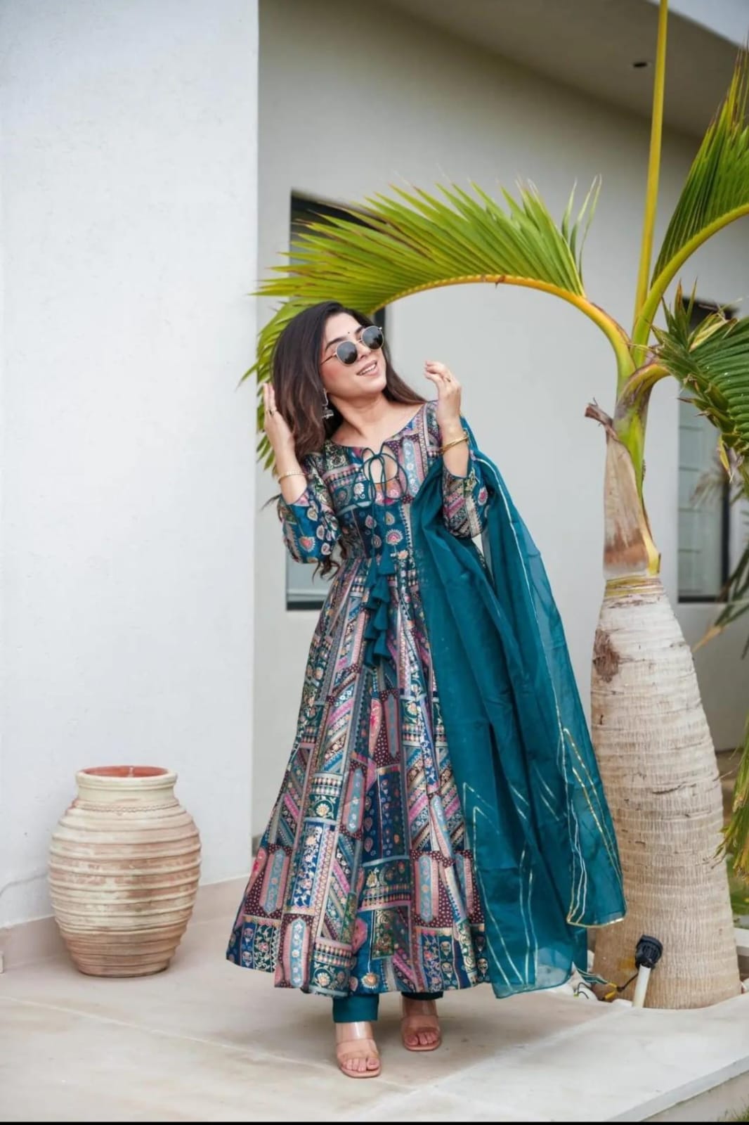 Digital Printed Chinon Silk Suit Set with Organza Dupatta