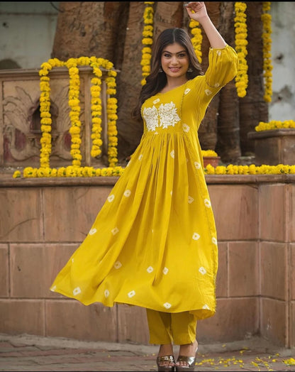 Mustard Yellow Embroidered Cotton Anarkali Kurta and Pant Set