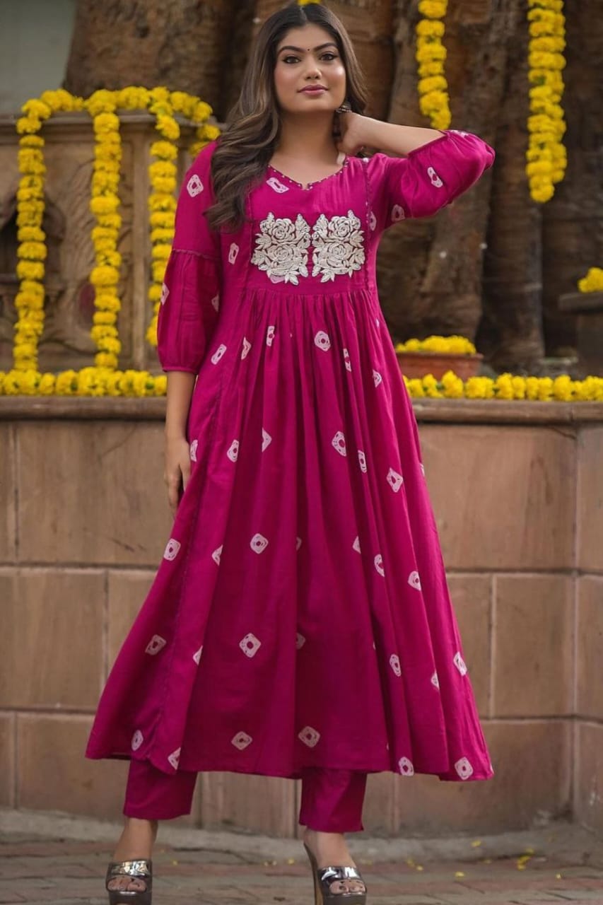 Pink Embroidered Cotton Anarkali Kurta and Pant Set