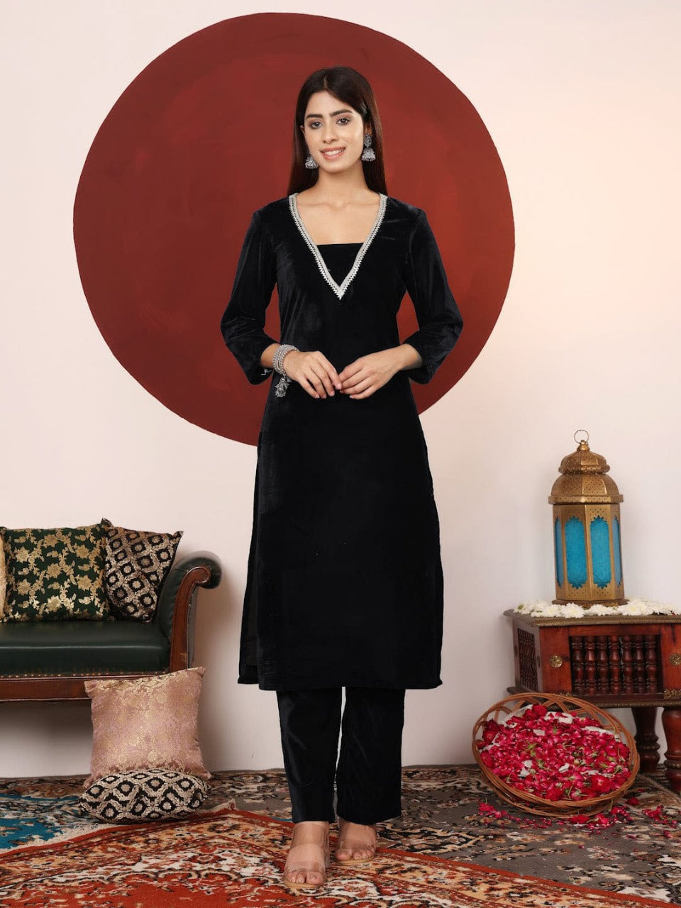 Black Embellished Velvet Kurta and Pant Set