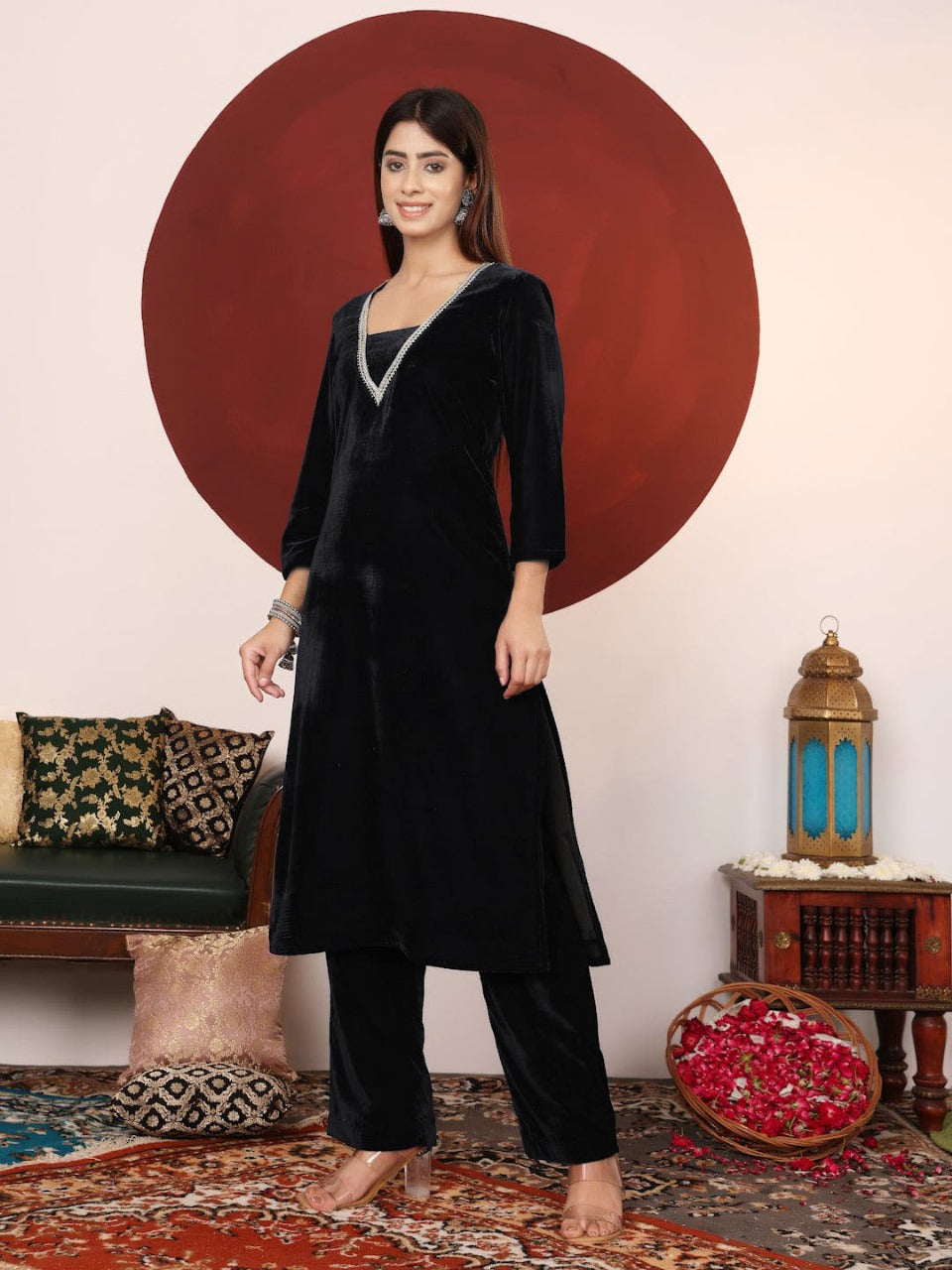 Black Embellished Velvet Kurta and Pant Set