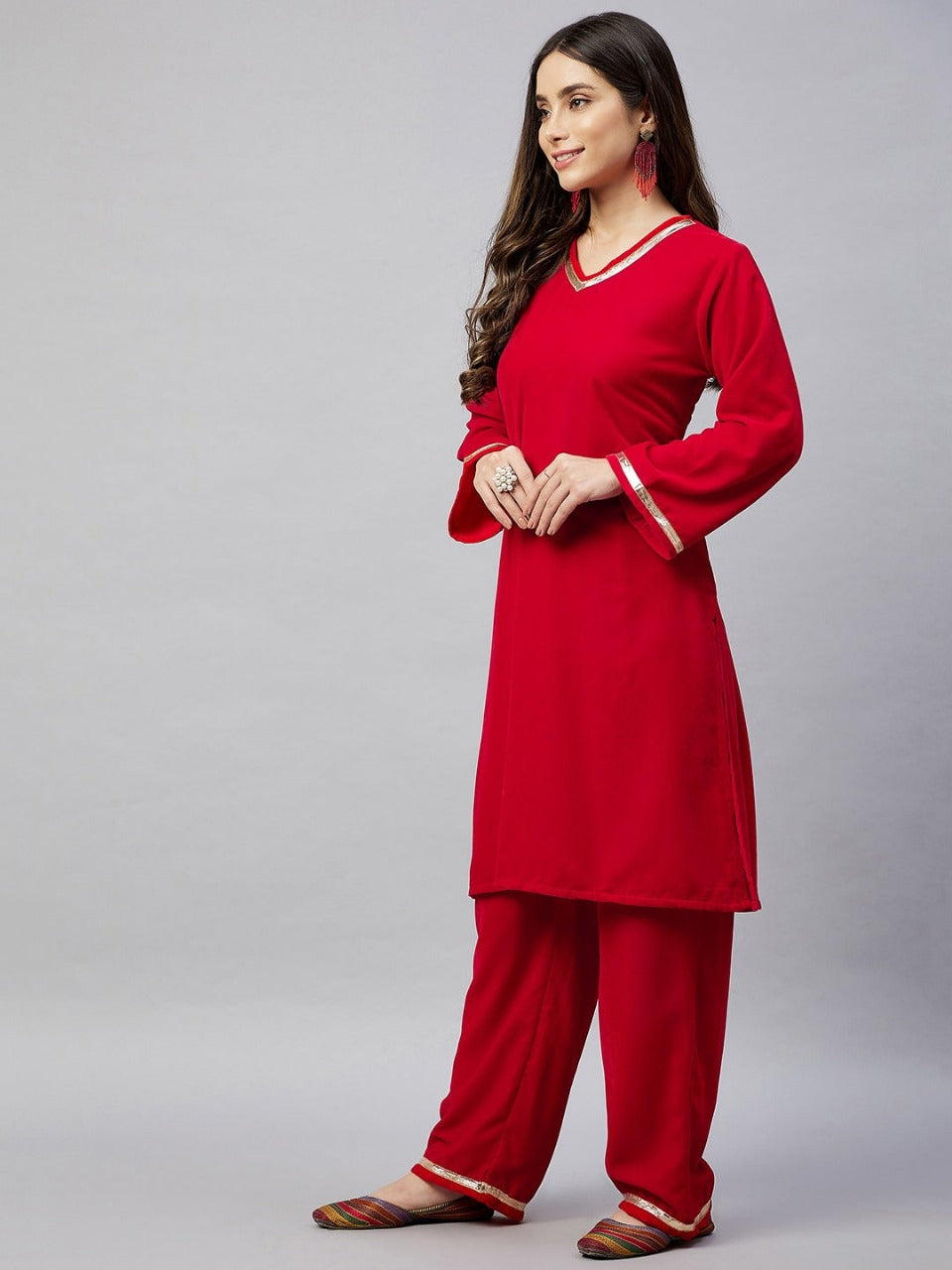 Red Embellished Velvet Kurta and Pant Set