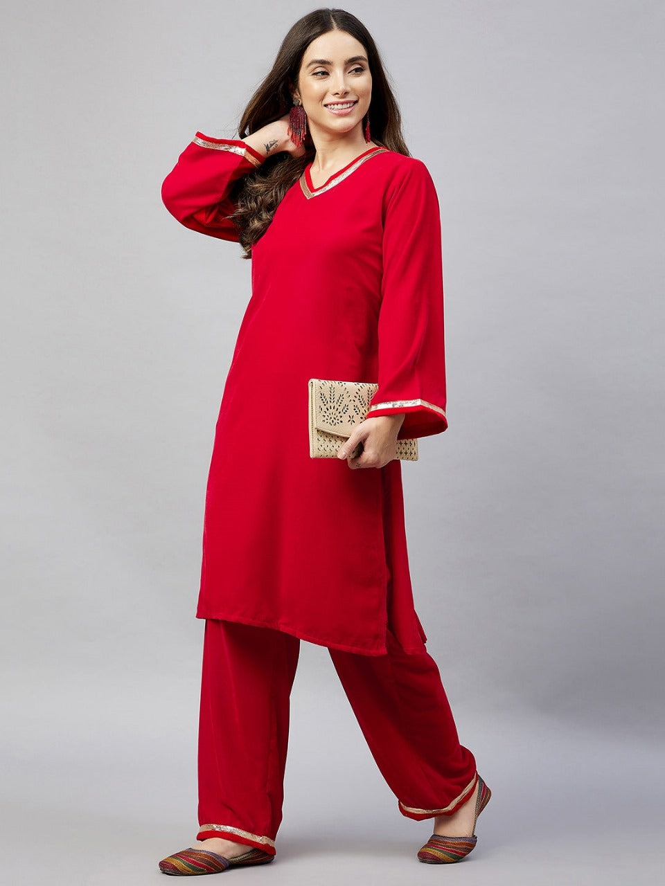 Red Embellished Velvet Kurta and Pant Set