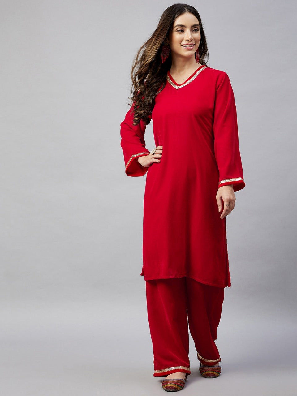 Red Embellished Velvet Kurta and Pant Set