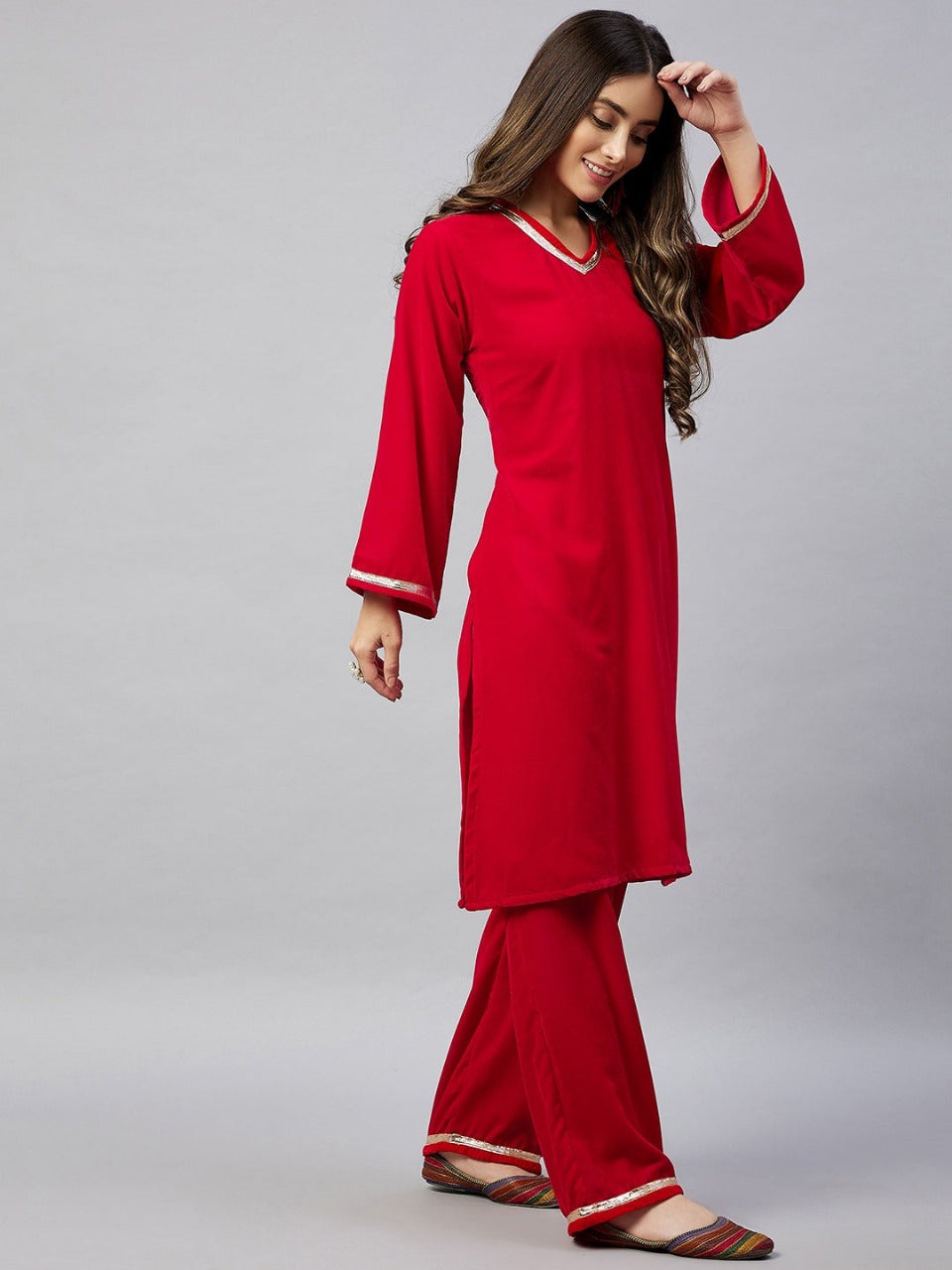 Red Embellished Velvet Kurta and Pant Set