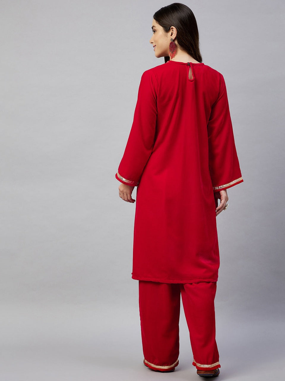 Red Embellished Velvet Kurta and Pant Set