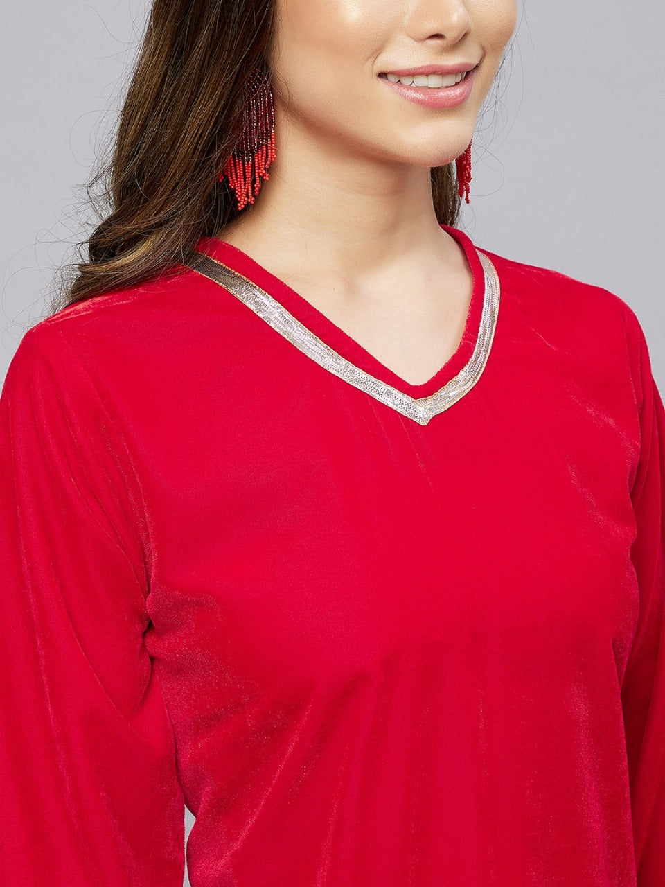 Red Embellished Velvet Kurta and Pant Set