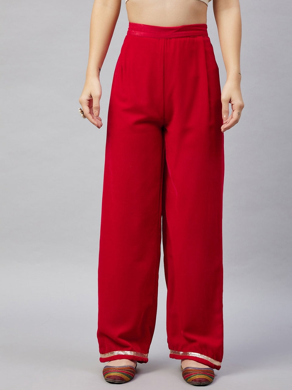 Red Embellished Velvet Kurta and Pant Set