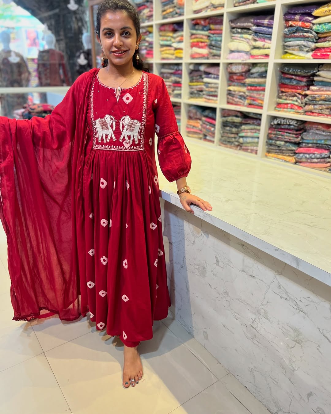 Red Embroidered Cotton Suit Set with Dupatta