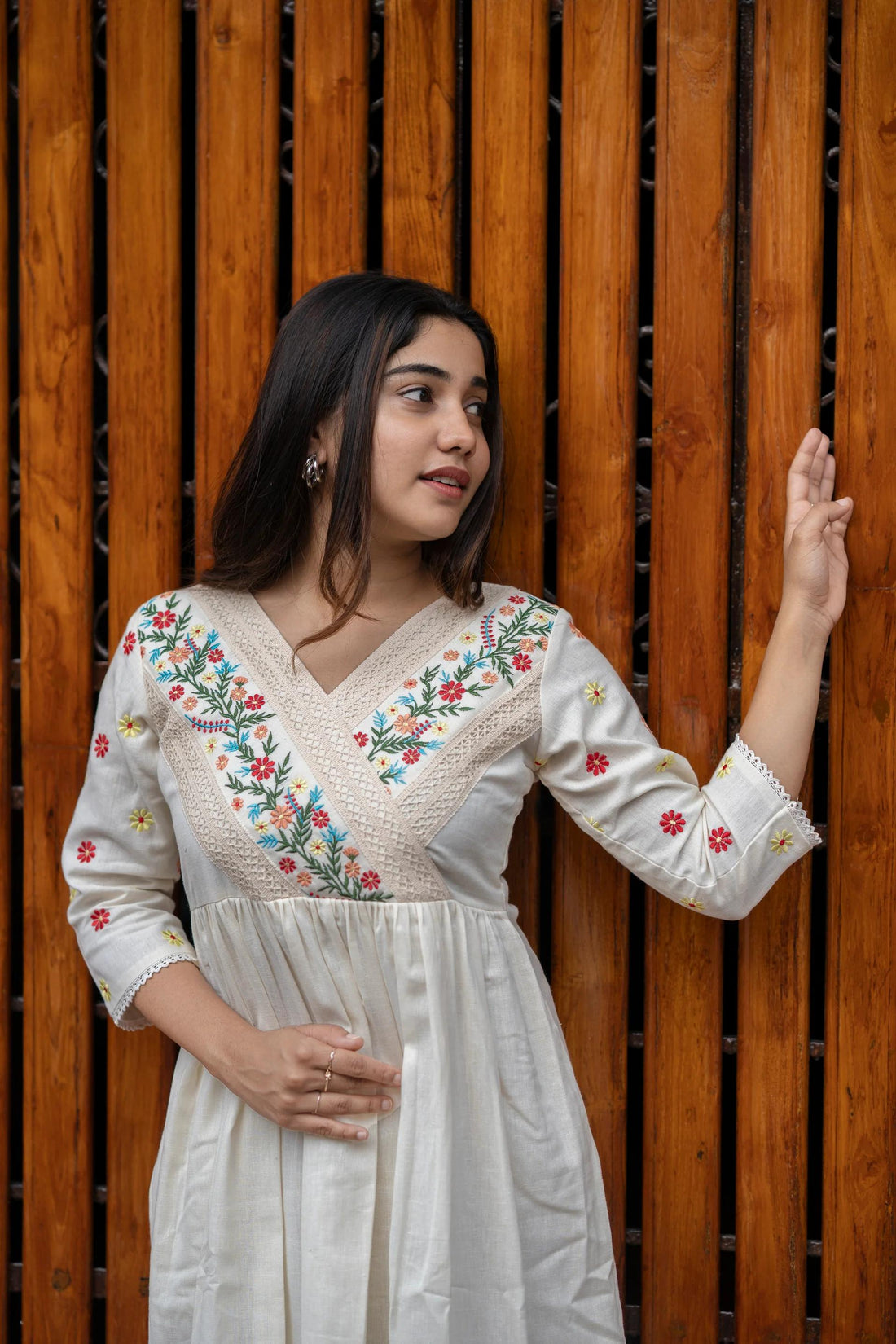 Off White Embroidered Cotton Anarkali Gown