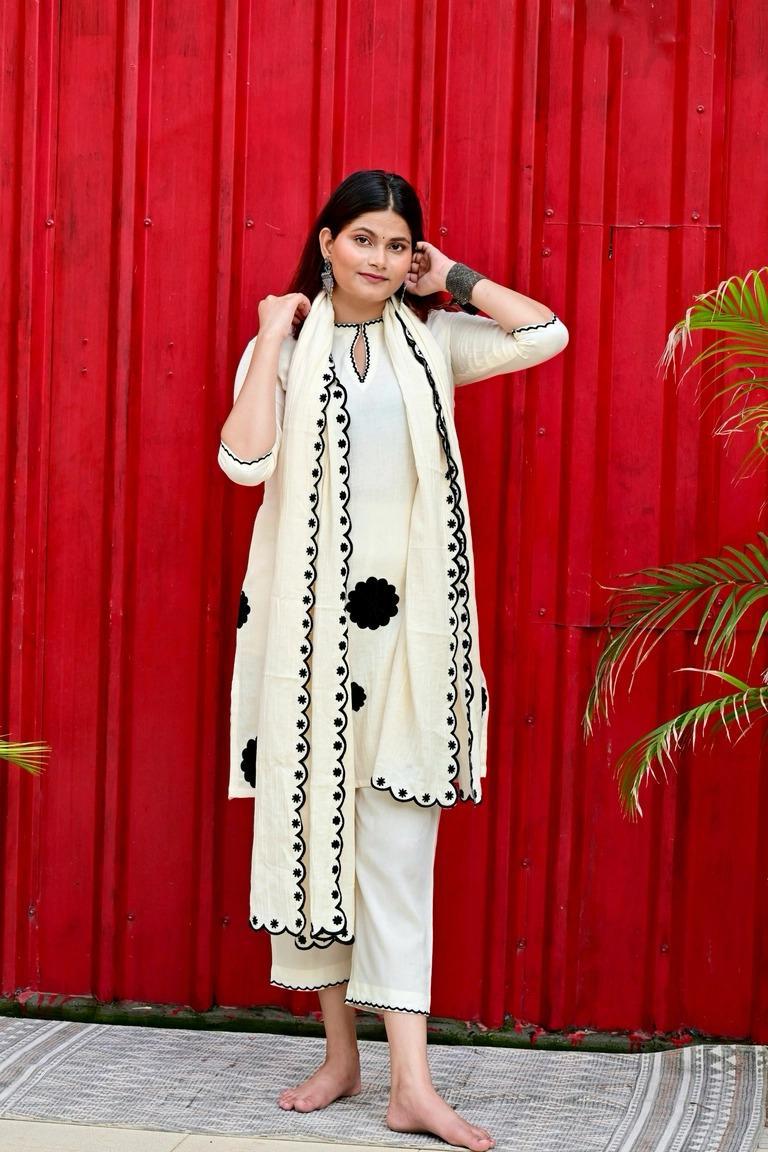 Off White Embroidered Cotton Kurta and Pant Set with Mulmul Dupatta