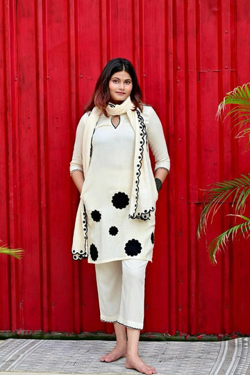 Off White Embroidered Cotton Kurta and Pant Set with Mulmul Dupatta