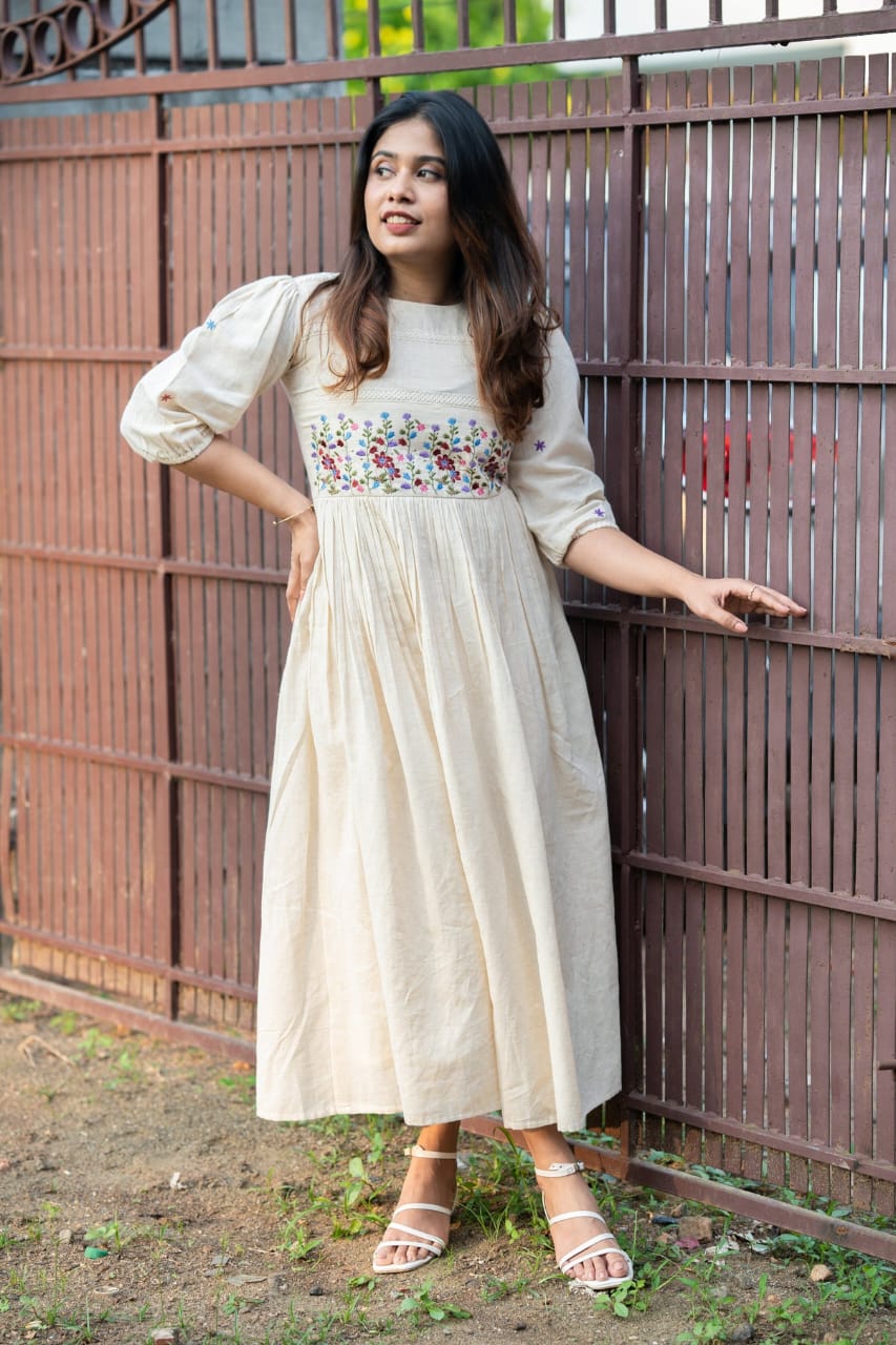 Off White Crochet Lace Work Cotton Anarkali Gown