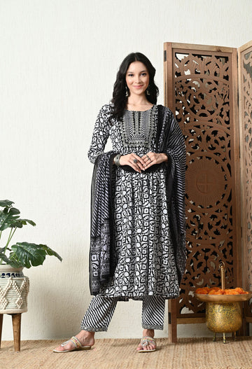 White Grey Embroidered Rayon Kurta and Pant Set with Dupatta