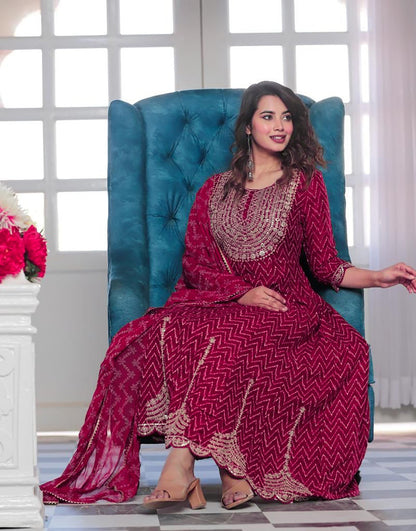 Violet Red Embroidered Rayon Anarkali Suit Set with Dupatta
