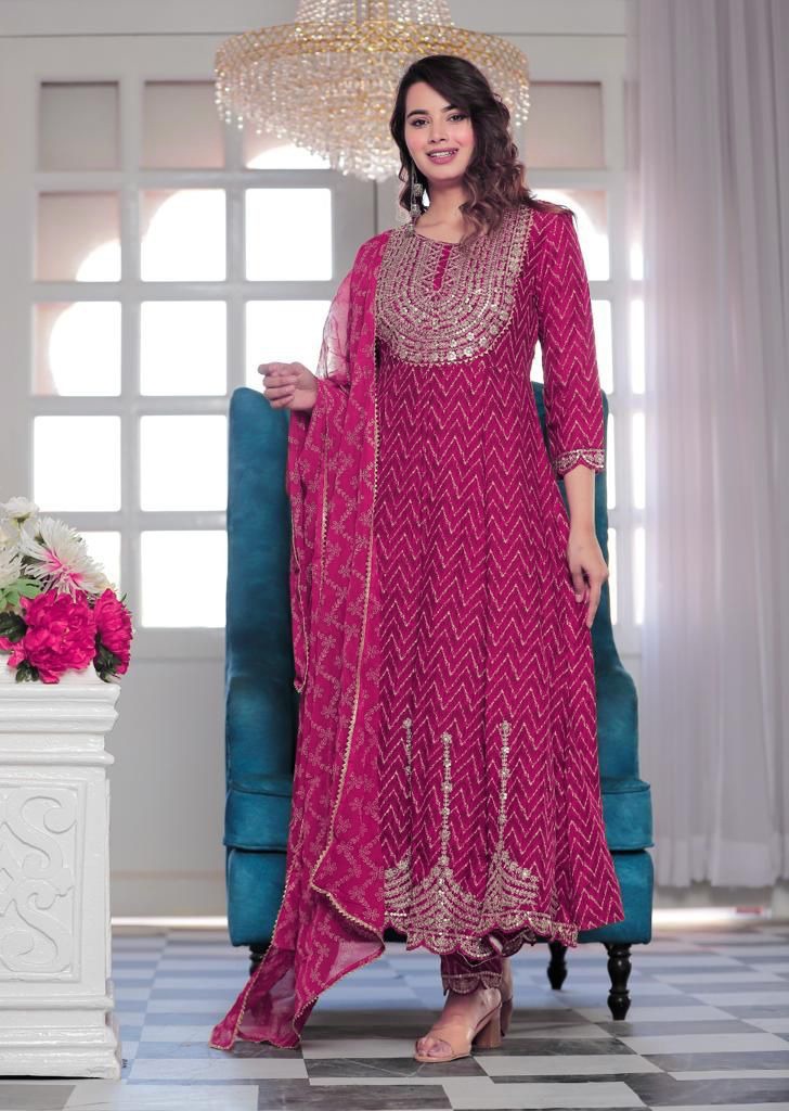 Violet Red Embroidered Rayon Anarkali Suit Set with Dupatta