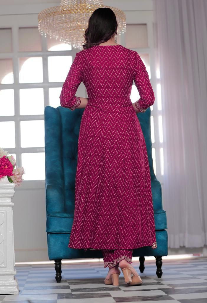 Violet Red Embroidered Rayon Anarkali Suit Set with Dupatta