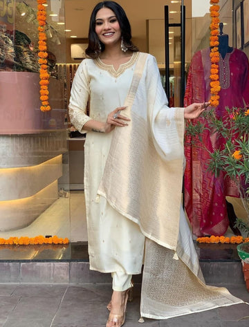 White Embroidered Silk Suit Set with Dupatta