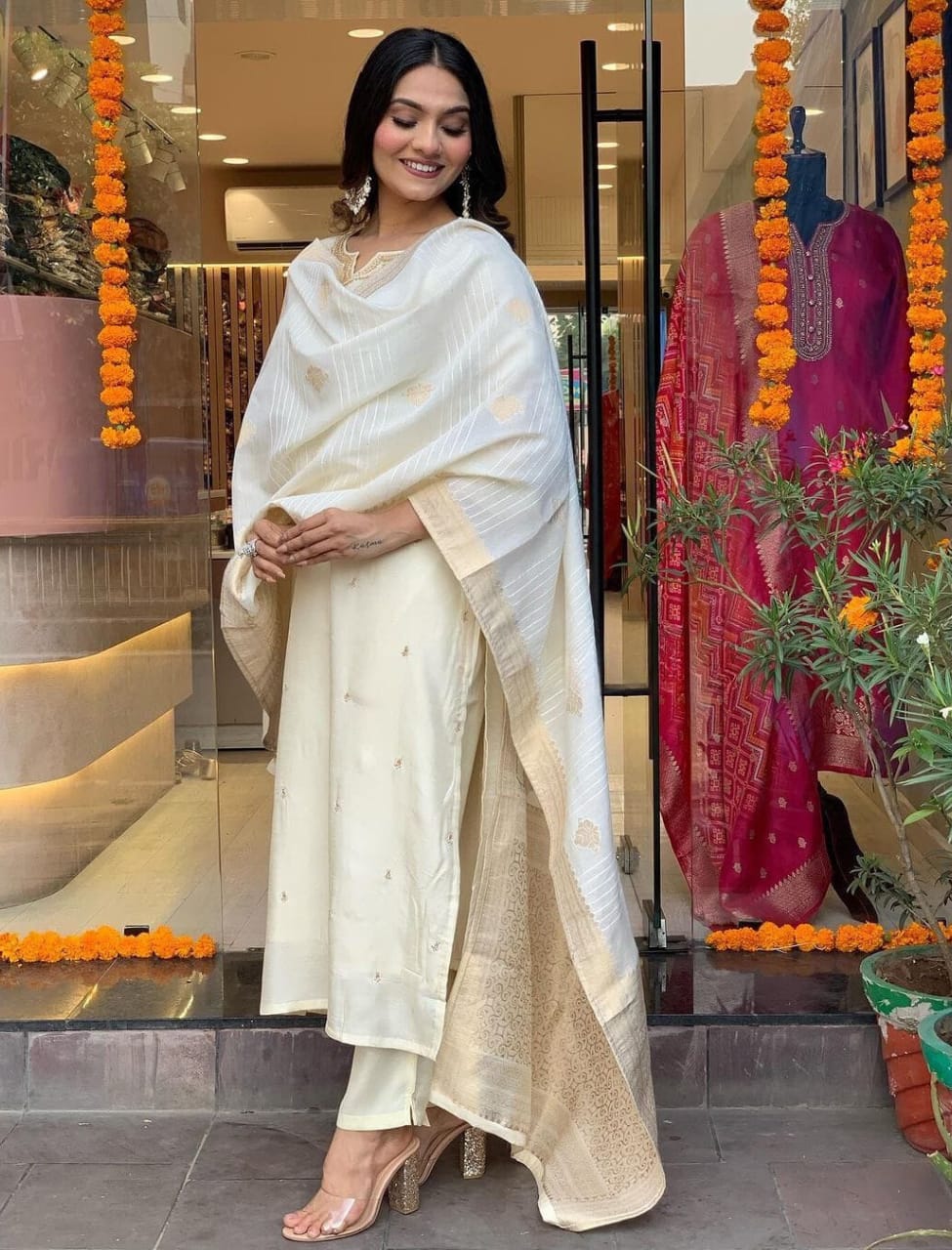 White Embroidered Silk Suit Set with Dupatta