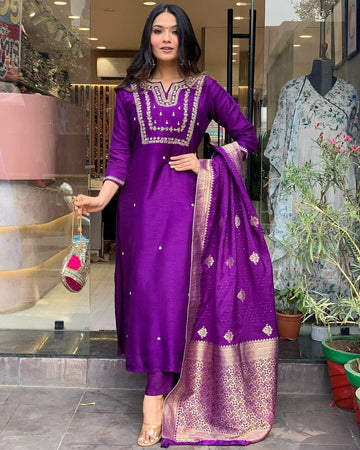 Purple Embroidered Roman Silk Suit Set with Banarasi Dupatta