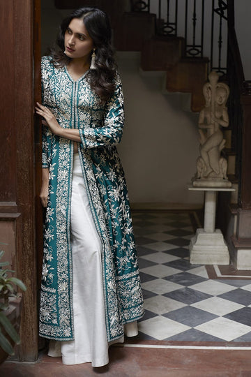 Greenish Blue Heavy Embroidered Magic Cotton Shrug with Palazzo Set