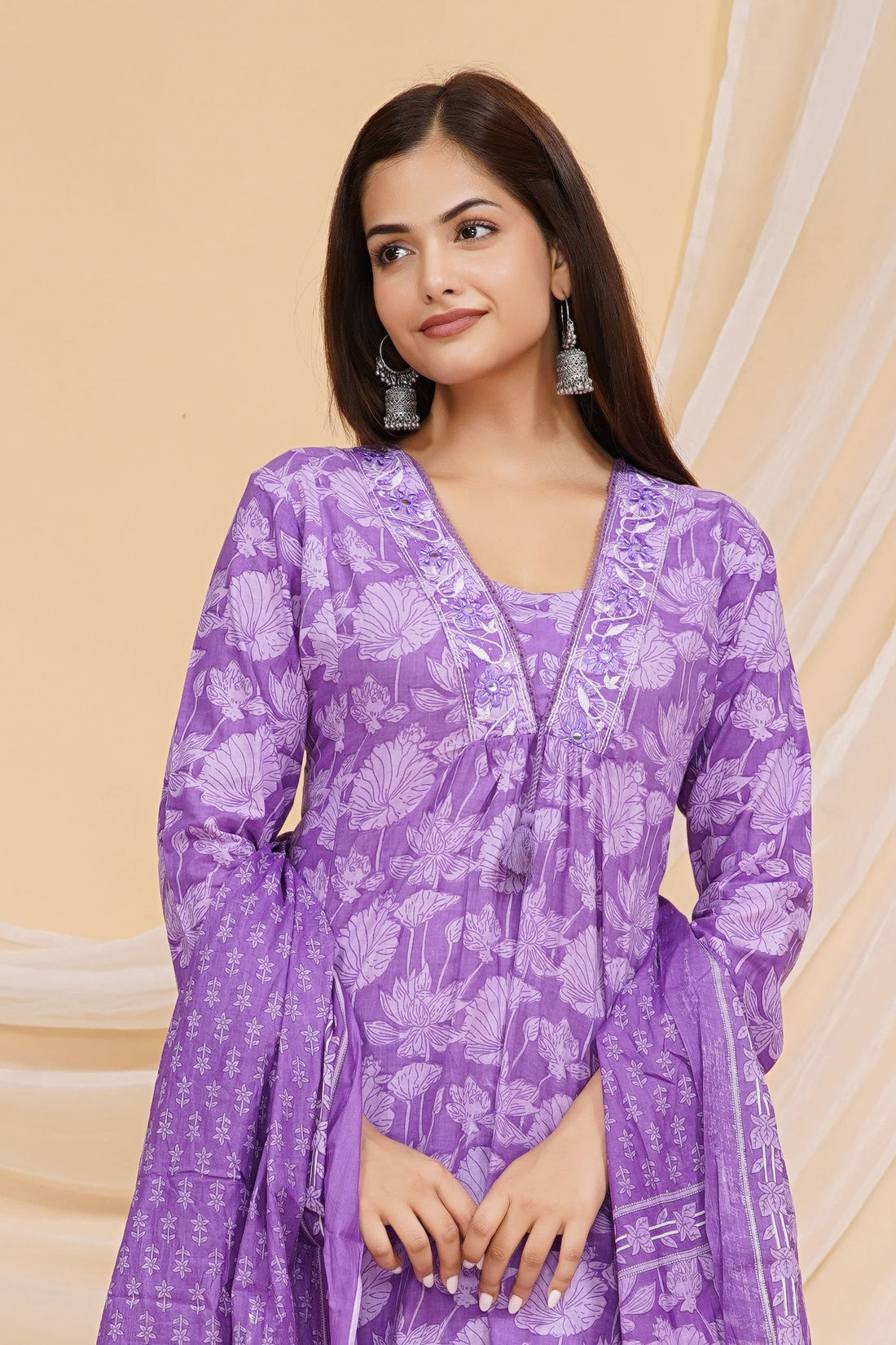 Deep Lilac Printed Cotton Kurta and Pant Set with Dupatta