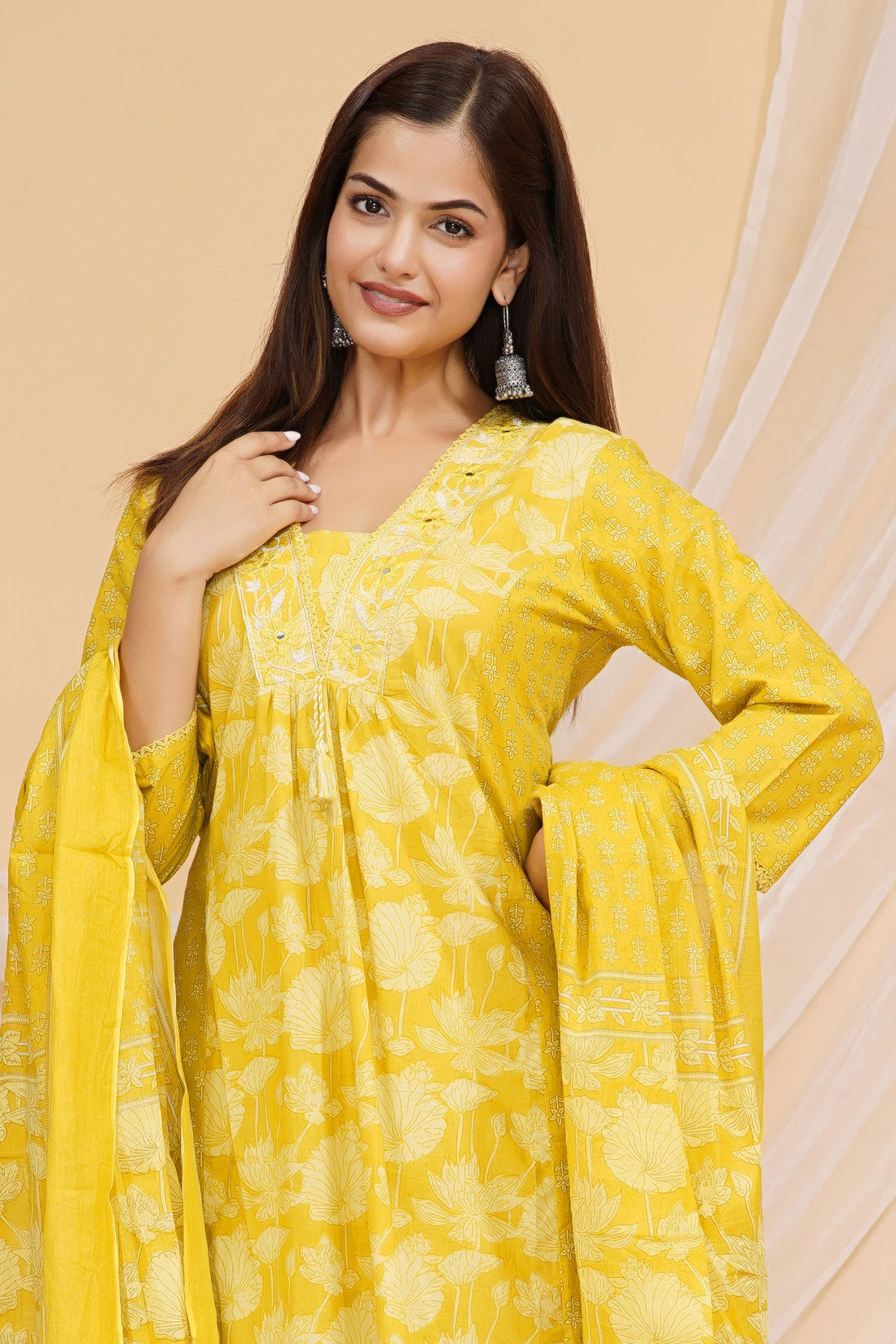 Yellow Printed Cotton Kurta and Pant Set with Dupatta