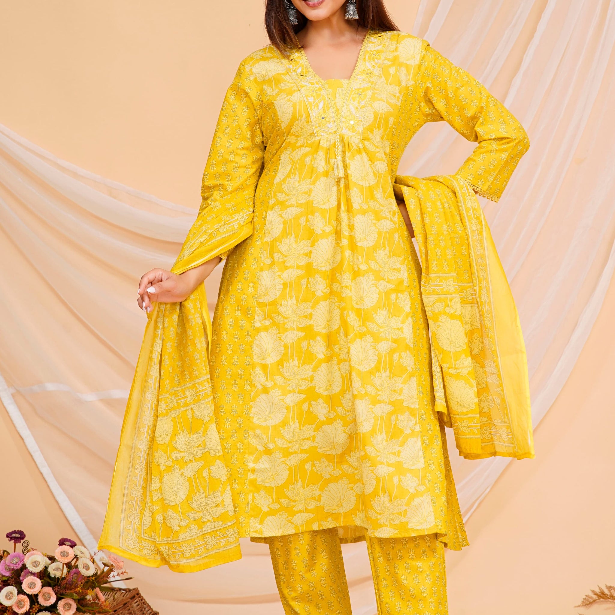 Yellow Printed Cotton Kurta and Pant Set with Dupatta