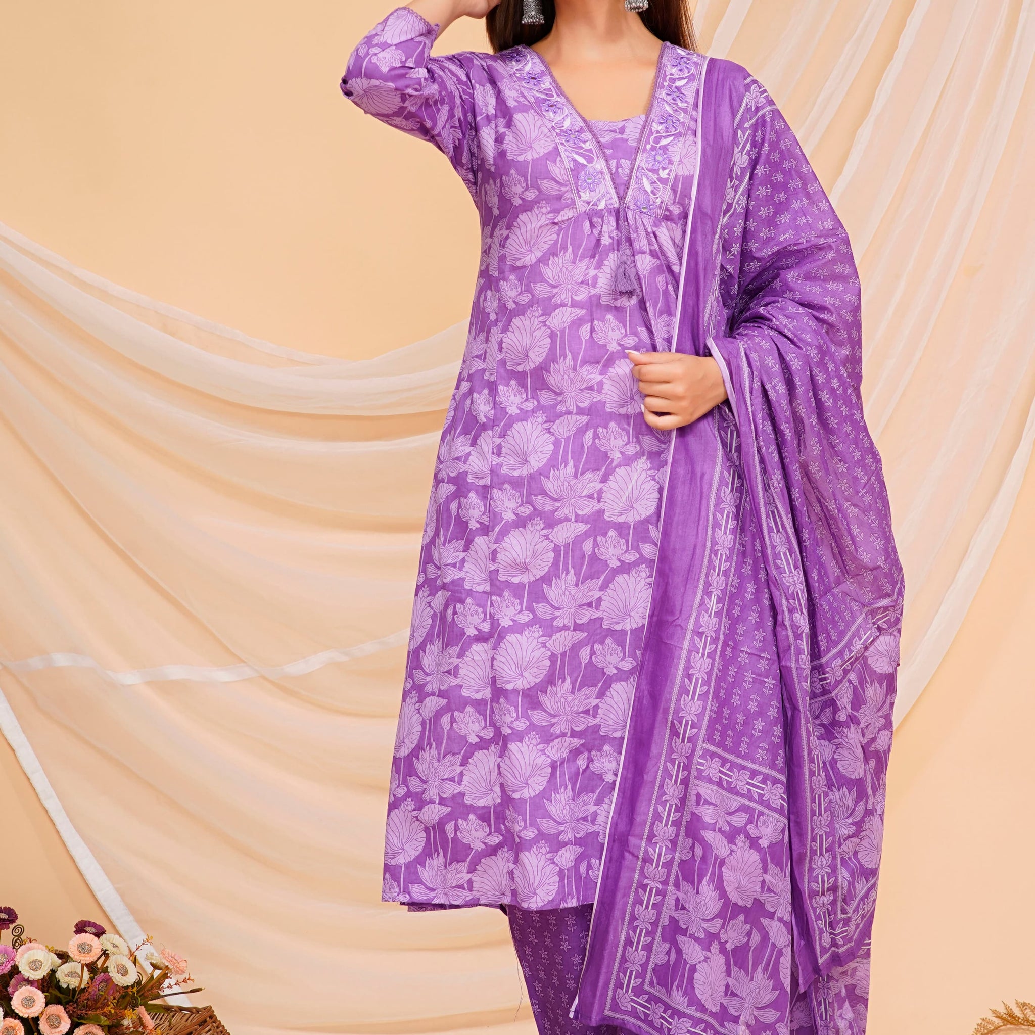 Deep Lilac Printed Cotton Kurta and Pant Set with Dupatta