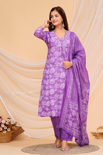 Deep Lilac Printed Cotton Kurta and Pant Set with Dupatta