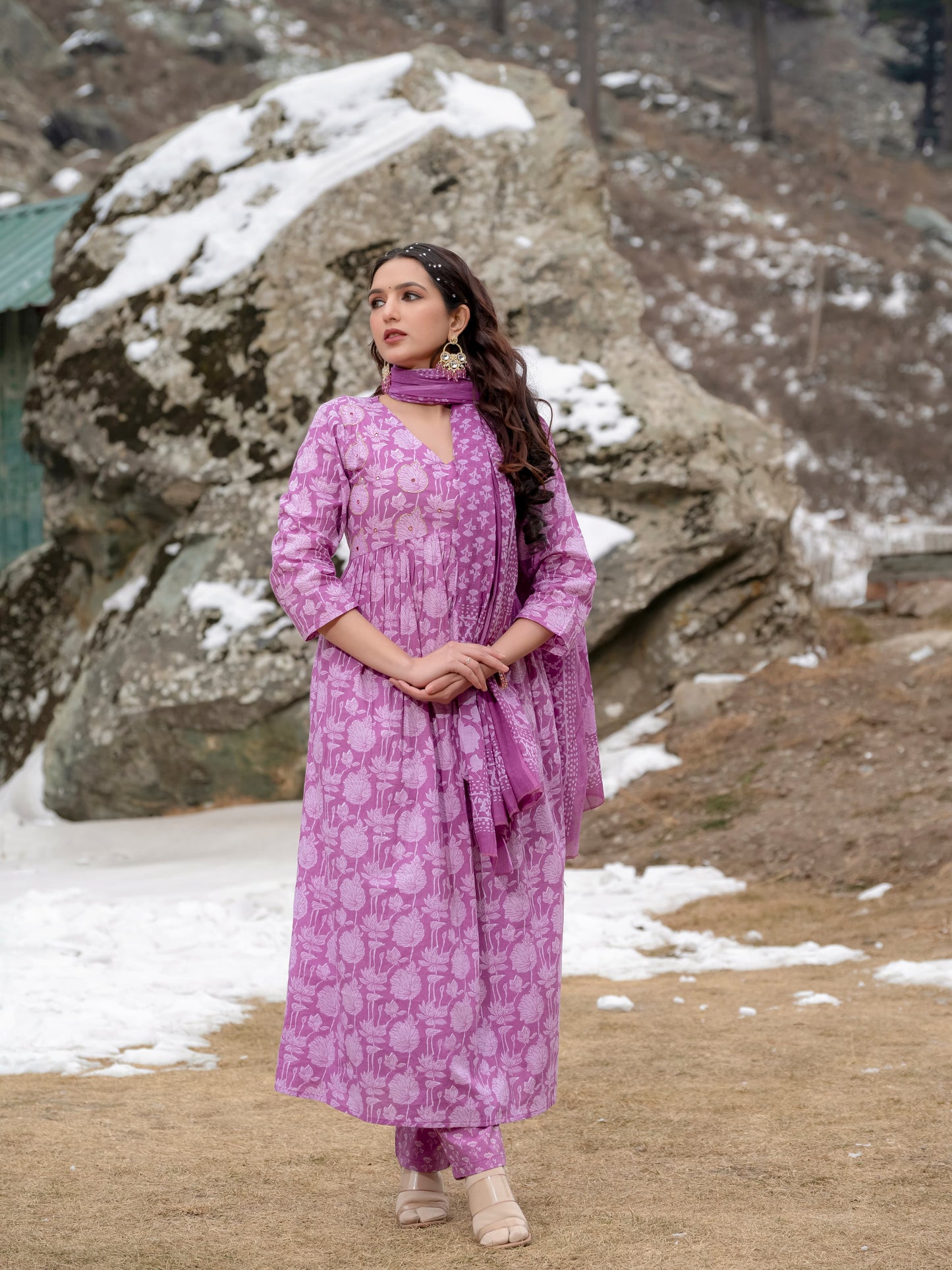 Lavender Pink Printed Cotton Anarkali Suit Set with Dupatta