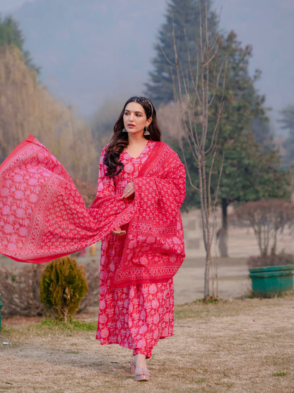 Light Red Printed Cotton Anarkali Suit Set with Dupatta