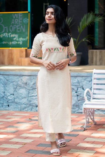Off White Embroidered Cotton Kurta and Pant Set