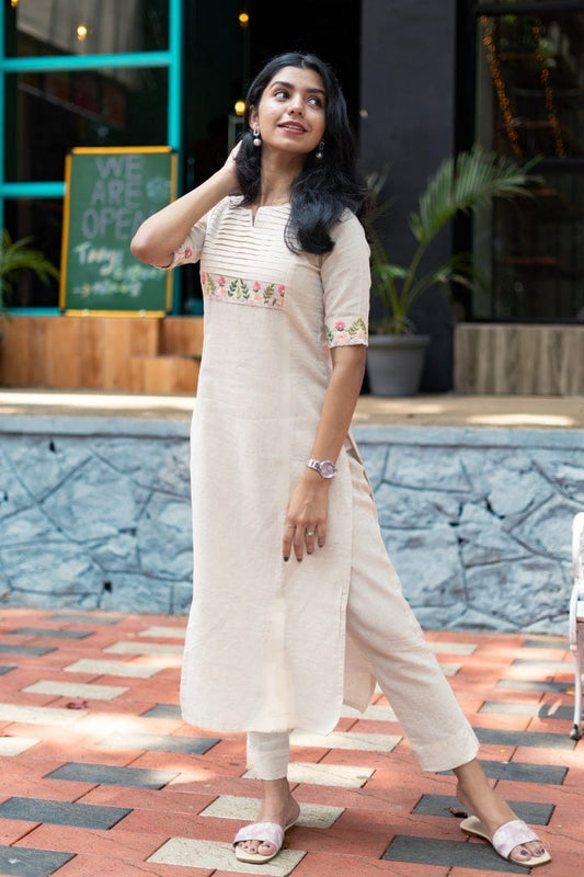 Off White Embroidered Cotton Kurta and Pant Set