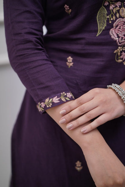 Purple Embroidered Cotton Suit Set with Dupatta