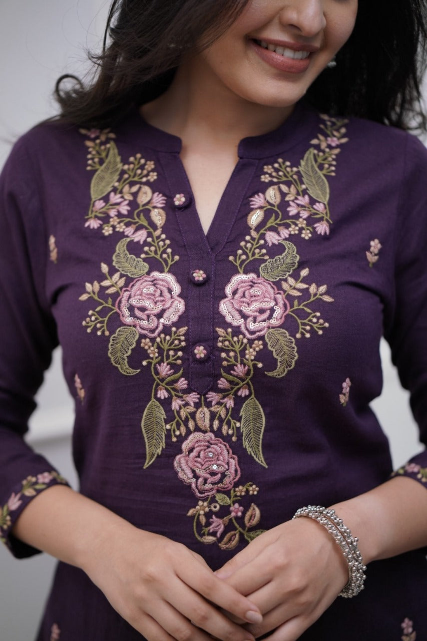 Purple Embroidered Cotton Suit Set with Dupatta