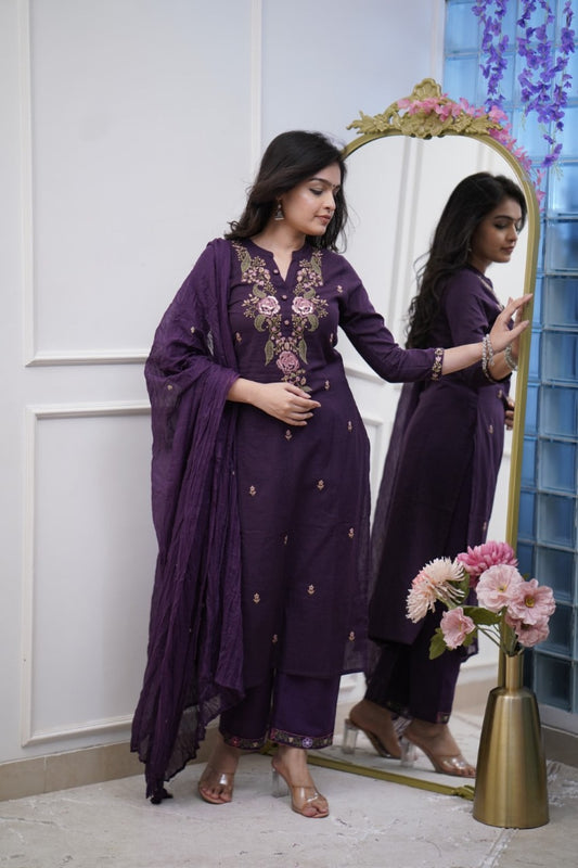 Purple Embroidered Cotton Suit Set with Dupatta